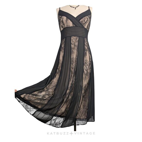 Lace Midi Dress 12 Black Tan Y2K Babydoll Illusion Glam Classic Guest Cocktail - Picture 3 of 11